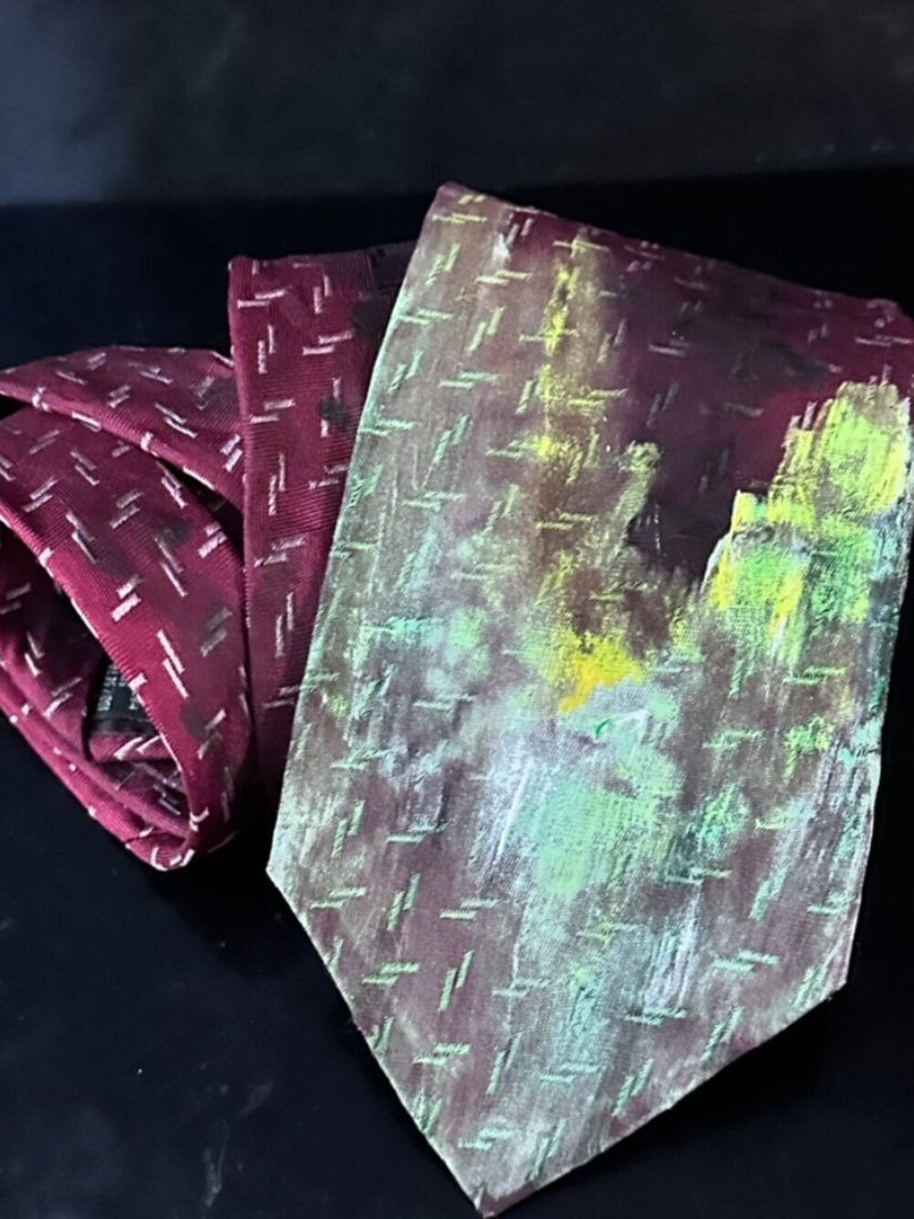 Giorgio Armani Newly Upcyled Silk Tie Necktie Painted Maroon Yellow Green